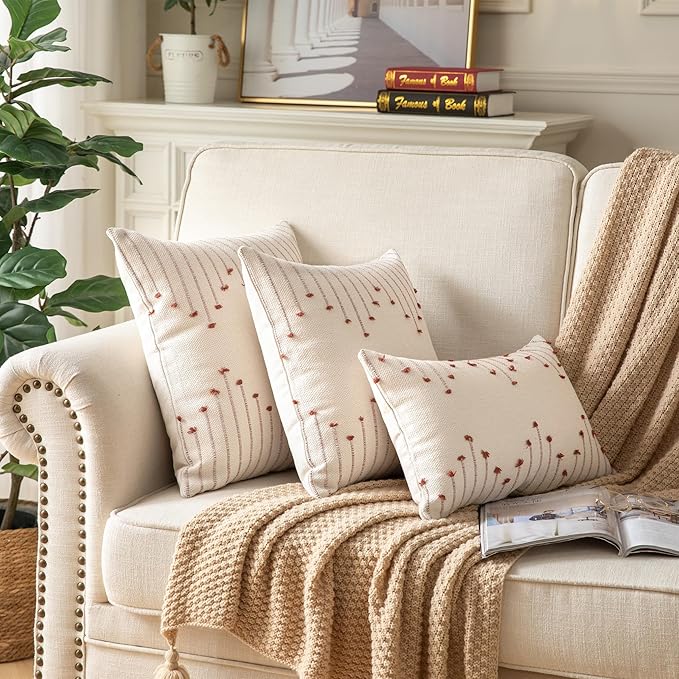 Caflife Boho Throw Pillow Covers 12x20 Set of 2 Decorative Pillows for Bed, Neutral Pillow Covers Beige with Rust Line Throw Pillows for Modern Farmhouse Couch Sofa Living Room Outdoor