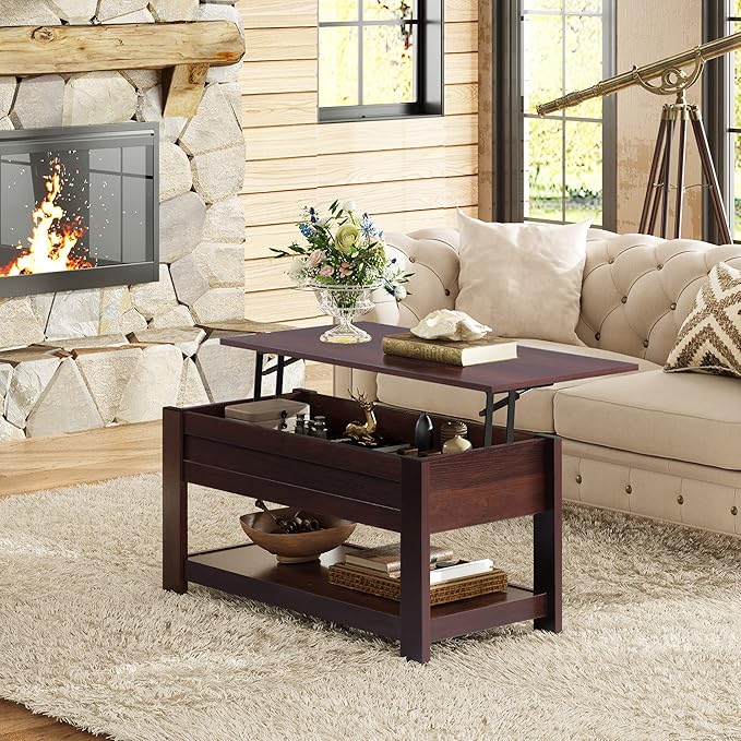 WLIVE Coffee Table, 39" Lift Top Coffee Table with Hidden Compartment, Storage Shelf and Lifting Top for Home Living Room, Office and Bedroom, Red-Brown