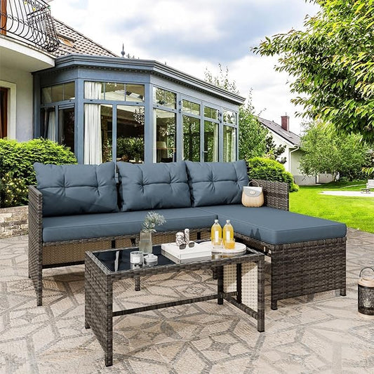 Vongrasig 3 Pieces Patio Furniture Sets, All-Weather Wicker Outdoor Sofa Couch Sectional Set, Small Conversation Set for Patio, Garden w/Cushion, Glass Table, (Blue)