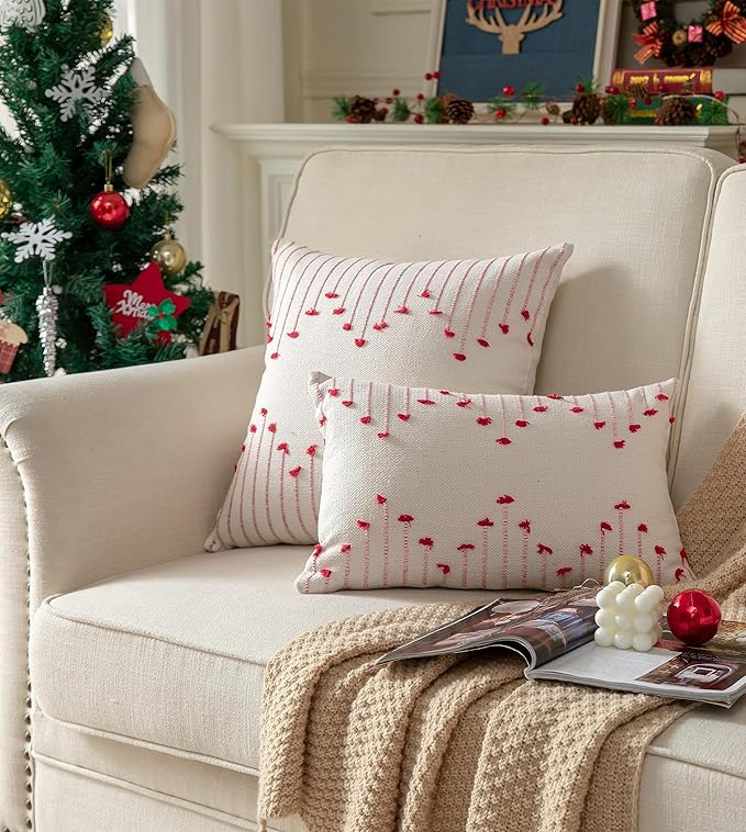 Caflife Boho Christmas Throw Pillow Covers 12x20 Set of 2, Holiday Christmas Decorative Pillow Covers Beige with Red Line for Modern Farmhouse Couch Sofa Bedroom Living Room Outdoor