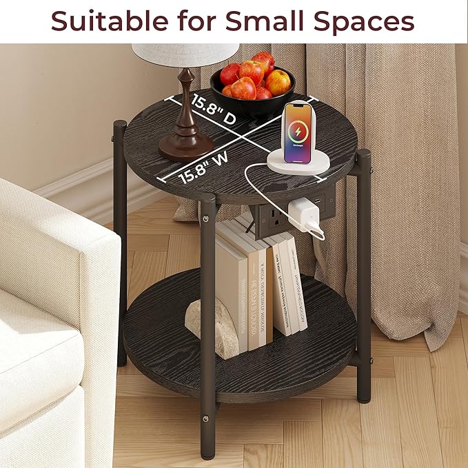 LIKIMIO Small Round End Tables Set of 2 with Charging Station, 2-Tier Wooden Side Tables, 15.8" W Modern Nightstands for Small Spaces, Living Room, Bedroom, Black