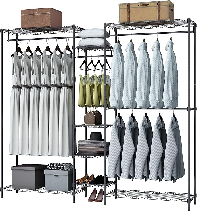 XIOFIO Heavy Duty Garment Rack, Metal Clothing Rack with 4 Hanging Rods and 4 Large Shelves 4 Small Shelves, Freestanding Portable Wardrobe Closet Rack, 68.5"L x 16.5"W x 76.7"H Max Load 720LBS, Black