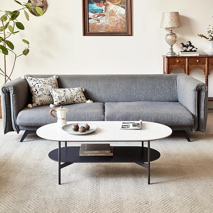 Oval Marble Coffee Table 47.2Inch Modern Living Room Center Table with Sintered Stone Top Dark Grey MDF Bottom Shelf 2-Layer, Sturdy Steel Frame