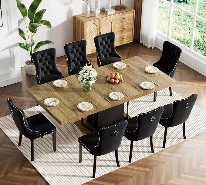 Goujxcy 78.7" Farmhouse Extendable Dining Room Table Set for 8, 9-Piece Rectangle Kitchen Dining Room Table Set with Wood Base and 8 Black Velvet Dining Chairs, Extending Kitchen & Dining Table Set