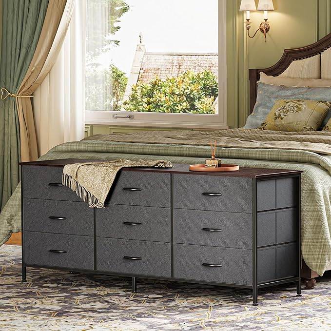 Huuger Long Dresser for Bedroom, 55 Inch TV Stand for 55, 60 Inch TV, Entertainment Center with Drawers, Large Storage 9 Fabric Drawers Dresser, Closet, Dark Grey
