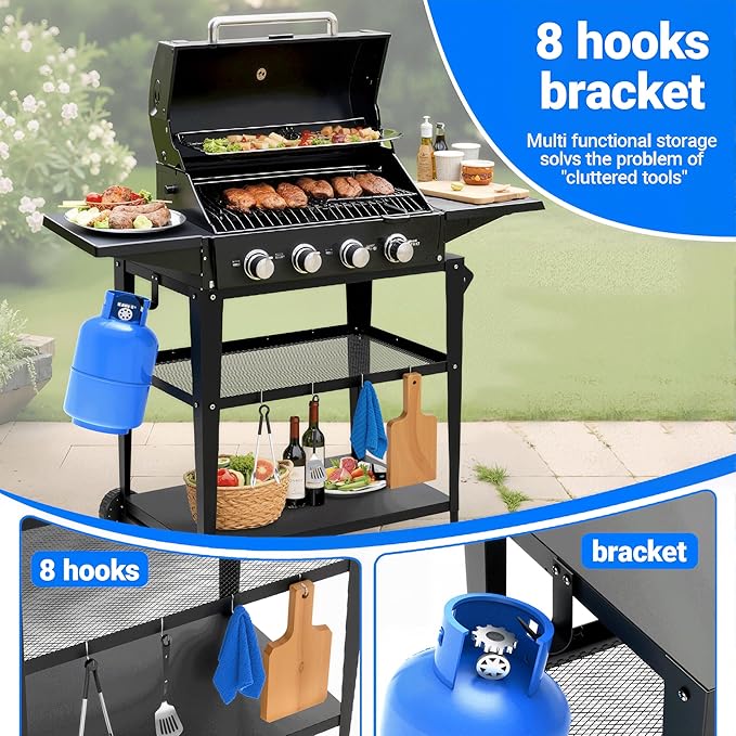 3-Shelf Outdoor Grill Table & Pizza Oven Cart with Wheels, Stainless Steel BBQ Prep Table with Hooks, Mobile Grill Stand for Blackstone (Black)