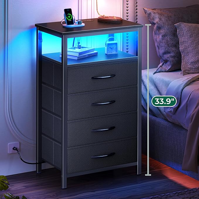 Huuger Night Stand with Charger Station and LED Lights, 4 Drawer Nightstand, Bed Side Table with Open Shelf, End Table, Fabric Dresser for Bedroom, Black