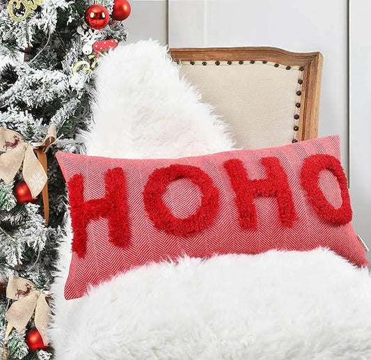 HOHOHO Red Christmas Pillow Covers Christmas Decorations Rectangle Lumbar Waist Throw Pillow Covers for Couch Sofa Bed Living Room 12X24 Inches
