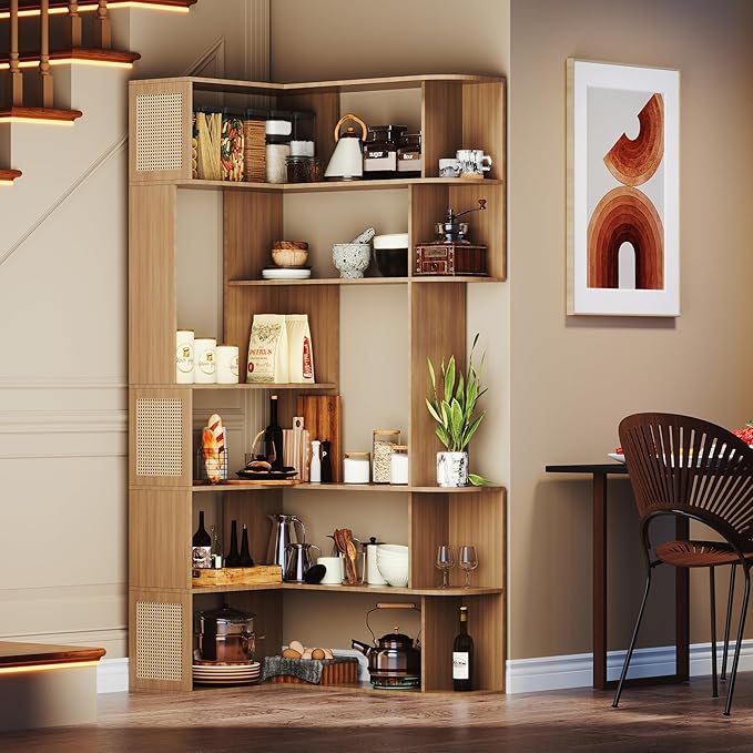 Corner Bookshelf 7-Tier,Farmhouse Corner Shelf,Tall Book Shelf L-Shaped Shelf Display Rack for Bedroom,Large Etagere Bookcase for Home Office Shelves(M-Walnut Wood)