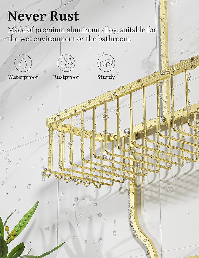 YASONIC Shower Caddy Over Shower Head Never Rust Aluminum Large Hanging Shower Caddy with 10 Hooks for Razor/Sponge - Over The Shower Head Caddy with Soap Basket - Hanging Shower Organizer Gold