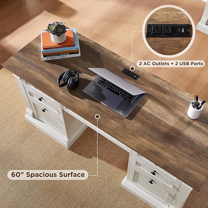 OKD 60" Executive Desk with Drawers, Farmhouse Home Office Desk with Charging Station, Keyboard Tray, File Cabinet Storage, Wood Computer Desk for Work and Study, Antique White