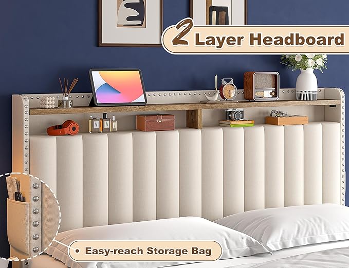 EnHomee Full Size Bed Frame, Upholstered Full Bed Frame with 3 Storage Drawers & 2-Tier Headboard Shelves, 900LBS Heavy Duty, No Box Spring Needed, Easy Assembly, Beige