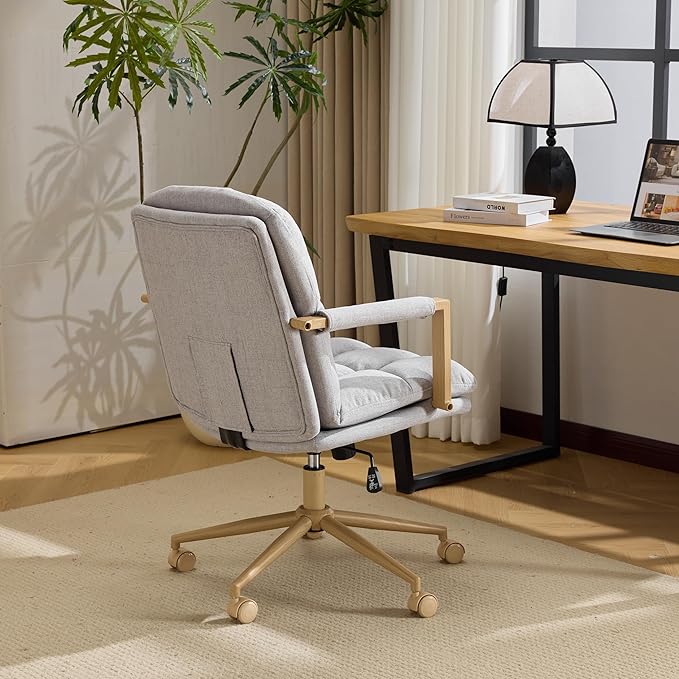 VINGLI Comfy Linen Office Desk Chair With Wheels &Detachable Cushions& Wood-like Armrests,Swivel Small Computer Task Chair,Adjustable for Girl Makeup Vanity,Teen/Kids Study,Nail Tech,Sewing,Light Grey