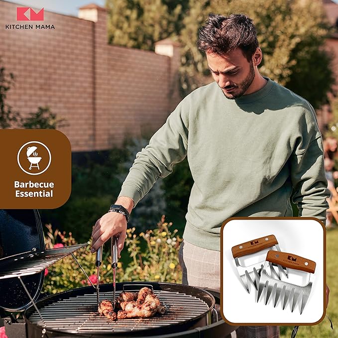 Kitchen Mama Meat Claws: Stainless Steel Shredder Claws with Wooden Handle for BBQ, Shredding, Pulling Pork, Chicken, Beef, and Turkey - Perfect for Grill Masters (1 Pair)
