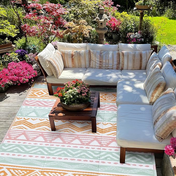 Lahome Outdoor Rug 8x10 Patio Waterproof, Reversible Outdoor Plastic Straw Rug for Camping, Large RV Outdoor Rugs Outside, Outdoor Carpet for Porch Deck Backyard Picnic(Pink/Orange,8'x 10')