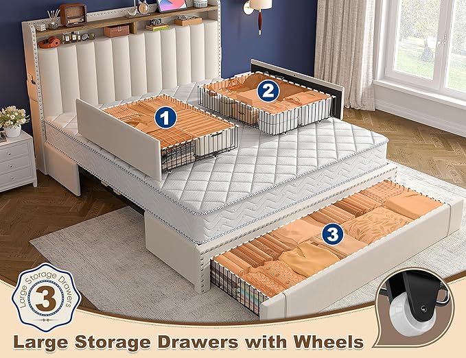 EnHomee Queen Size Bed Frame, Upholstered Queen Bed Frame with 3 Storage Drawers & 2-Tier Headboard Shelves, 1100LBS Heavy Duty, No Box Spring Needed, Easy Assembly, Beige