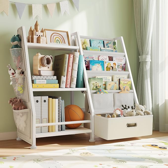 Kids Bookshelf and Toy Storage Organizer: White Book Shelf for Kids Room with Drawer to Storage Books and Toys Organizer - 3 Tire Toddler Bookshelf with 3 Side Pockets for Nursery, Bedroom, Playroom