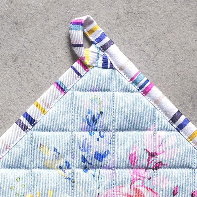 Maison d' Hermine Pot Holders Set 100% Cotton Heat Resistant Potholders 8" x 8" Hot Pads with Loop Cooking, Grilling, Kitchen, Handling Hot Pans Spring/Summer (Pack of 2, Sweet Rose Lavender - Lush)