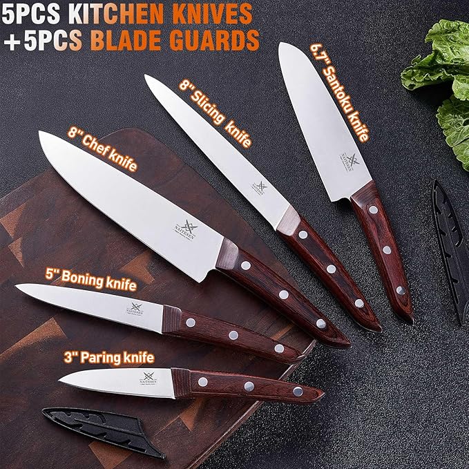 5PCS Professional Kitchen Chef Knife Set with Blade Guards, Wood Handle High Carbon Steel, Sharp for Meat Cutting Home Cooking Gifts for Men Women