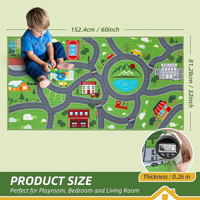 BEQHAUSE Kids Play Mat, Green City Traffic Road Kids Room Rug Great for Playing with Cars, 32”x60” Play Area Rug Car Rugs for Children's Bedroom, Toddler Classroom and Baby Playroom