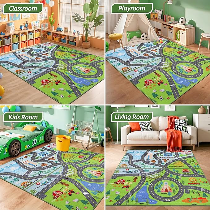 BEQHAUSE Kids Room Rug City Life 2pcs, 32”x60” Educational Road Traffic Kids Rug, Non Slip Washable Play Mat Carpets for Children's Bedroom Playroom Nursery Room Decor