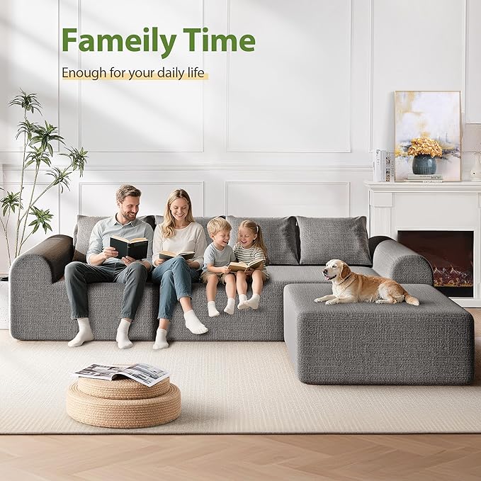 105.5” Cloud Boneless Sectional Sofa for Living Room, L-Shaped 4-Seater Modular Couch with Ottoman & 4 Pillows, Deep Seat Chenille Fabric Sofa, No Assembly, 72H Full Restore, Light Grey