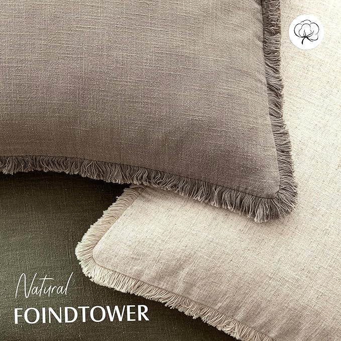 Foindtower Set of 2 Decorative Linen Fringe Throw Pillow Covers Cozy Boho Farmhouse Cushion Cover with Tassels Soft Accent Pillowcase for Couch Sofa Bed Living Room Home Decor,26×26 Inch,Brown Tan