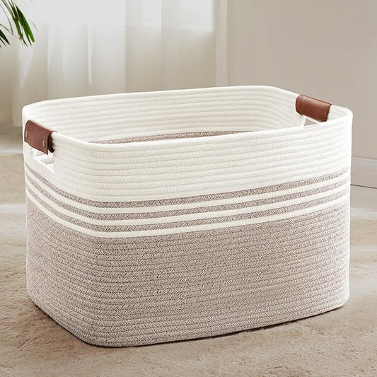 Laundry basket with leather handles for clothes,blankets,pillows,toys,towels,suitable for bedrooms and living rooms,cotton woven laundry hamper,extra large gift basket,24"x16"x14",Beige Brown