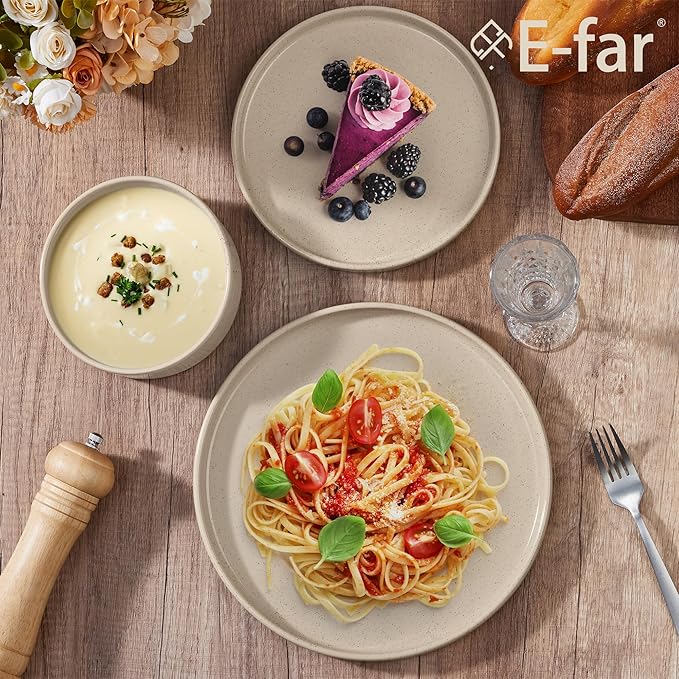 E-far Dinnerware Sets for 8, 24-Piece Stoneware Plates and Bowls Dish Set, Modern Kitchen Dinning Dishware, Chip and Scratch Resistant, Microwave & Dishwasher Safe, Speckled Khaki