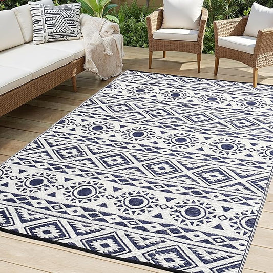 Outdoor Rug Waterproof 6x9 ft, Reversible Outdoor Plastic Straw Rug Patio Rug, RV Rugs for Outside, Outdoor Carpet for Patio Camping Deck Balcony Backyard, Blue & White