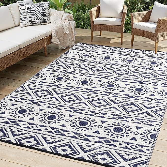 Outdoor Rug Waterproof 8x10 ft, Reversible Outdoor Plastic Straw Rug Patio Rug, RV Rugs for Outside, Outdoor Carpet for Patio Camping Deck Balcony Backyard, Blue & White