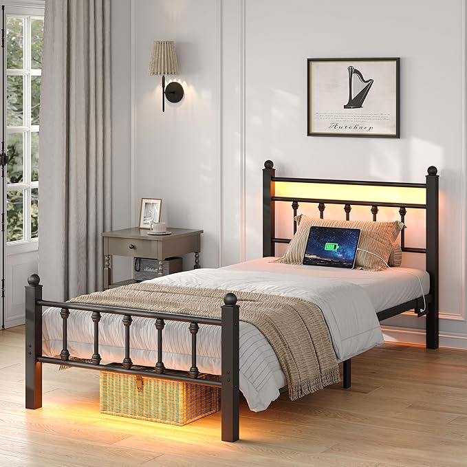 Full Bed Frame with Smart LED Lights, Storage Headboard and USB Charging Station,Heavy Duty Wooden Slats, No Box Spring Needed, Noise Free, Easy Assembly (Retro Black, Twin)