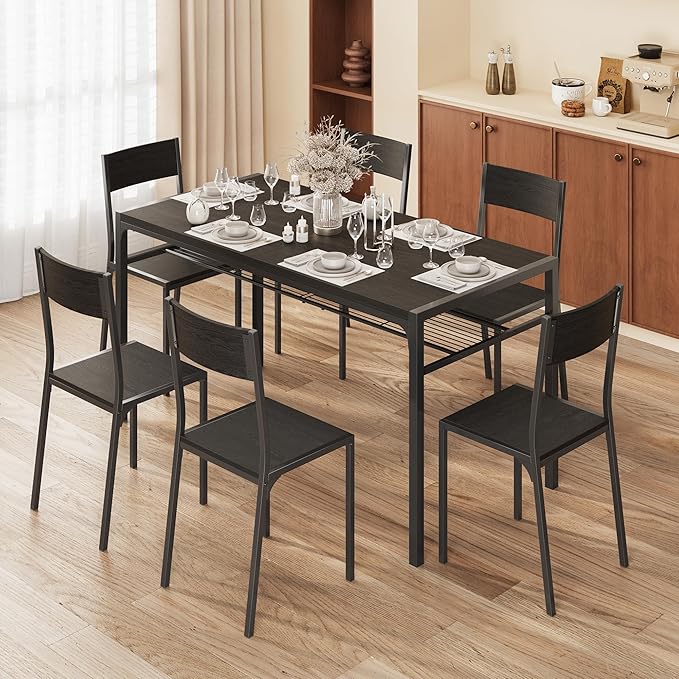 Gizoon Dining Table Set for 6 with Chairs, 7-Piece Kitchen Table Set for Small Space, Apartment, Kitchen, Dining Room, Space-Saving