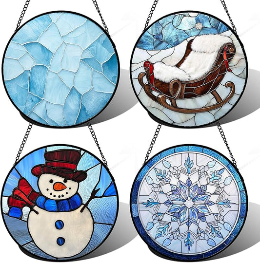 Stained Glass Window Hanging 4 Pcs Set Blue White Christmas Snowman Snowflake 9.8" - Suncatcher Door Garden Sun Catcher Decor Birthday Mother's Day Xmas Gifts for Mom Woman Nana Men