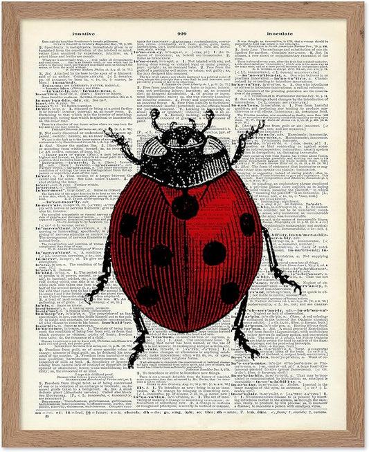 Poster Master Dictionary Art Poster - Retro Ladybug Print - Insect Art - Red Bug Art - Gift for Men, Women & Animal Lover - Minimal Decor for Living Room & Kid's Room, 8x10 Beige Framed