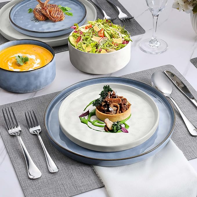 LIANYU Dinnerware Sets for 4, 12 Piece Stoneware Dinner Plates and Bowls Dish Set, Kitchen Dining Speckled Tableware Dishware, Microwave & Dishwasher Safe, Polar White & Serenity Blue