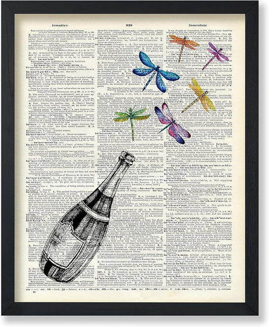 Poster Master Dictionary Art Poster - Champagne Bottle Print - Dragonfly Art - Alcohol Art - Gift for Men, Women & Bartender - Great Decor for Bar, Kitchen or Restaurant, 18x24 Unframed Wall Art
