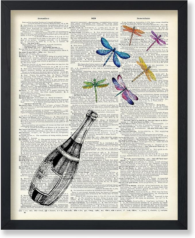 Poster Master Dictionary Art Poster - Champagne Bottle Print - Dragonfly Art - Alcohol Art - Gift for Men, Women & Bartender - Great Decor for Bar, Kitchen or Restaurant - 8x10 UNFRAMED Wall Art