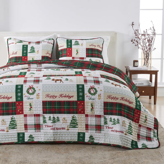 Great Bay Home Twin Size Christmas Quilt Set with Shams - Vibrant, Cheerful, Christmas Prints - Reversible Holiday Seasonal Bedspread with Matching Shams (Twin/Twin XL, Holiday Patchwork)