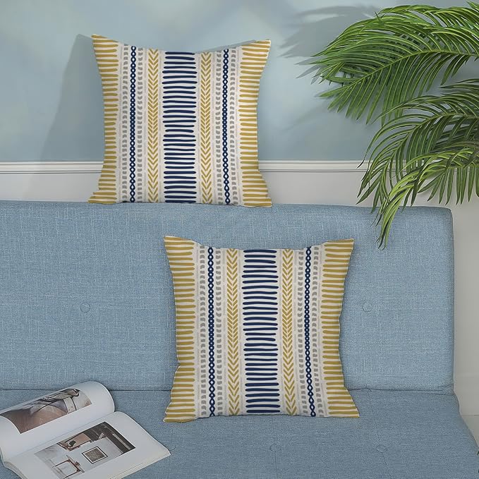Boho Pillow Covers 18x18 Set of Yellow Blue Stripes Throw Pillow Covers Outdoor Decoration,Bohemian Abstract Modern Decor Pillowcase Farmhouse Linen Decorative Cushion Cover for Sofa Couch