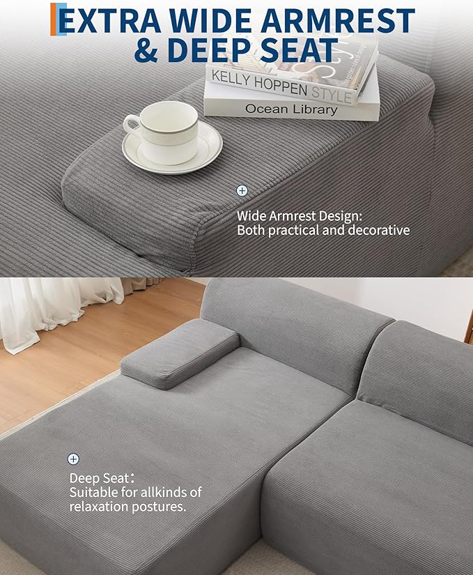 Garvee 108'' Modular Sectional Sofa, Left Facing Chaise L-Shaped Boneless Couch, Ultra Deep Seat Modern Sectional Sofa for Living Room, 5mm Wale Corduroy Fabric, Gary