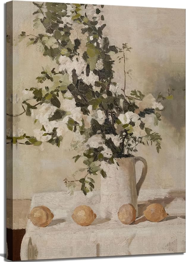 Farmhouse Kitchen Canvas Wall Art Vintage Country Neutral Rustic Muted Flower and Lemon Still Life Painting Picture Wall Decor Poster Print Artwork for Farm Dining Room Home Decoration