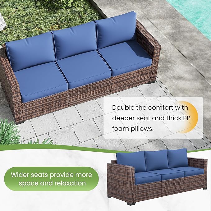 Amopatio Patio Couch, 2-Seat Outdoor Furniture, Wicker Porch Furniture Outdoor Couch Sofa with Water-Resistant Cover & Non-Slip Cushions, Premium Patio Set, Blue