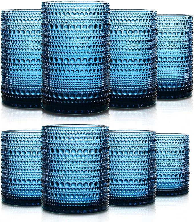 Set of 8 Hobnail Drinking Glasses Vintage Blue Glassware - 4 Highball Glasses 14 oz, 4 Rocks Glass Cup 11 oz, Embossed Old Fashioned Glassware for Water,Wine,Beer,Juice, (Cornflower Blue)