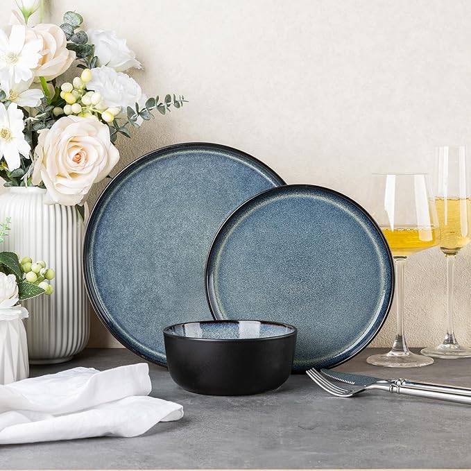AmorArc Stoneware Dinnerware Sets,Round Reactive Glaze Plates and Bowls Set,Highly Chip and Crack Resistant | Dishwasher & Microwave Safe Dishes Set,Service for 4 (12pc)