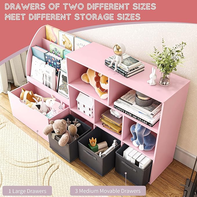 Kids Bookshelf and Toy Storage, Toy Storage Organizers with Movable Drawers & 3 Storage Bins, Kids Reading Nook Toy Organizers Shelf with 5 Cubbies, Pink