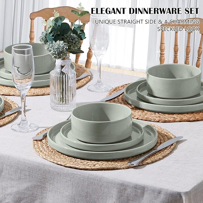 E-far Stoneware Dinnerware Sets, 12-Piece Plates and Bowls Dish Set for 4, Kitchen Modern Dinning Ware, Chip and Scratch Resistant, Microwave & Dishwasher Safe, Speckled Green