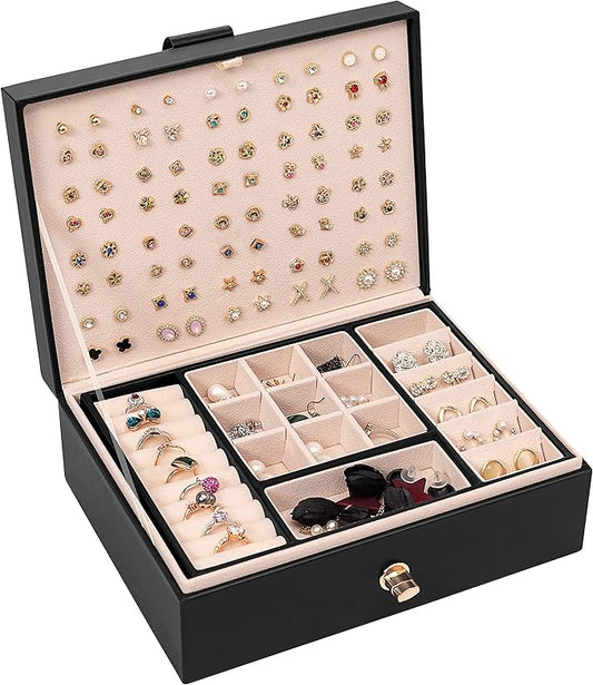 Jewelry Box Organizer for Women, Earring Organizer Box with PU Leather for Birthday Christmas and Theme Party Gifts-Black