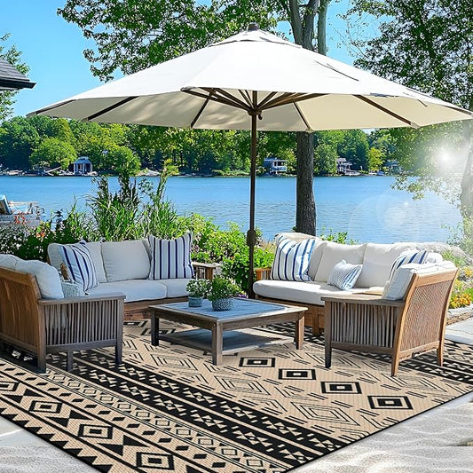 Wallona Outdoor Rugs 9x12 ft Patio Waterproof Clearance Indoor Outdoor Large Carpet for Patio Plastic Straw Reversible Area Rugs Mat for RV, Camping, Balcony, Beach, Picnic, Porch, Boho Black & Beige