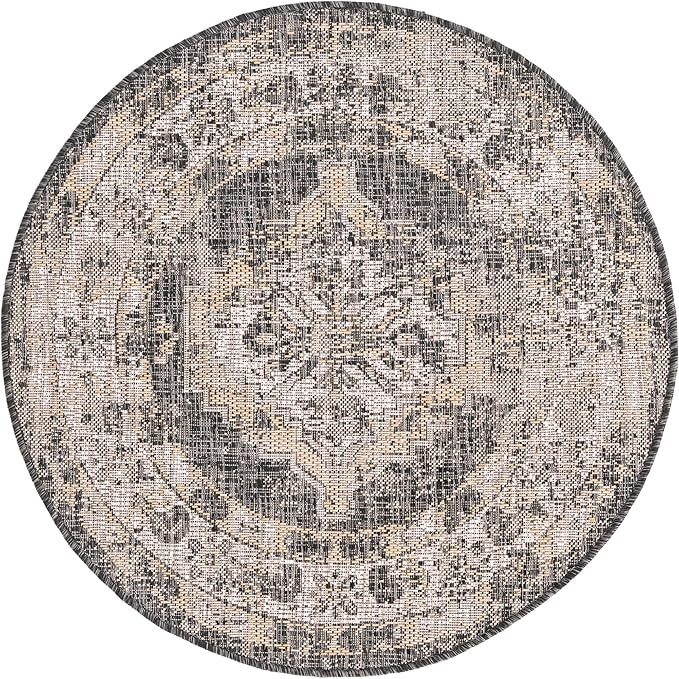 Unique Loom Outdoor Traditional Collection Area Rug - Valeria (3' 1" Round, Charcoal/ Natural)